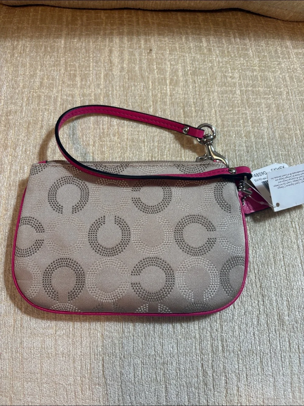 Coach Khaki Signature Canvas Wristlet with Pink Trim
